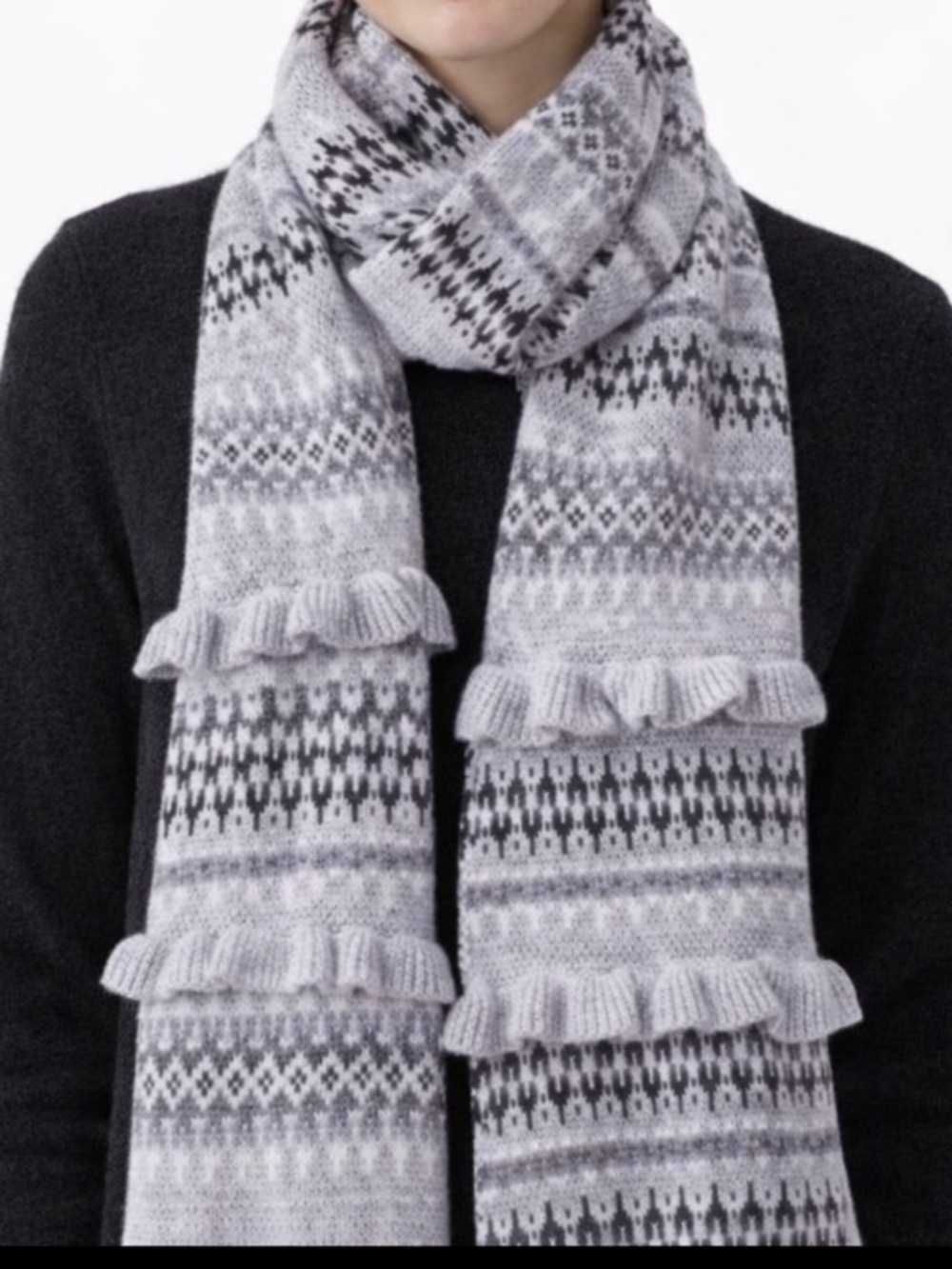 Talbots Fair Isle Lambswool Blend Knit Scarf Gray Ruffle Trim Winter Wrap